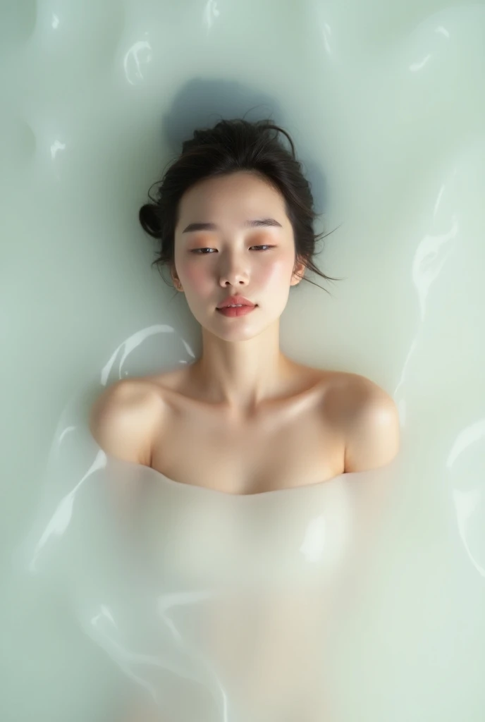 (masterpiece: 1.3), (8K, Photorealistic, Raw Photo, Best Quality: 1.4), A top-down shot of a woman floating on a bed of milky , her body gently rising above the surface, gazing directly at the camera with a calm expression, soft ripples forming around her,...