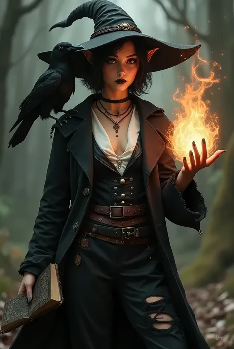 Make a pale female elf with pointy ears and short black hair, her eyes half red with a picture in them and black lips, put on a lush witch hat with a golden buckle, a black overcoat and a medieval white blouse with a dark leather vest over it that covers u...