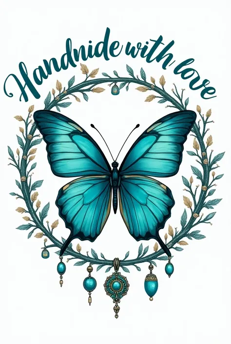 Butterfly logo with turquoise color palette with turquoise name, ancient accessories with a circular phrase around the butterfly that says "handmade with love " in Spanish 