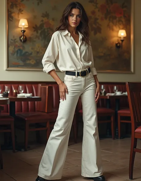 (photorealism:1.2), Pretty Woman in her 30s in a classic restaurant, She is wearing a white large collar shirt, White super flared jeans with a wet light brown stain in her ass, black low heel shoe, Flares almost wider as the shoes. She wears a wide Black ...