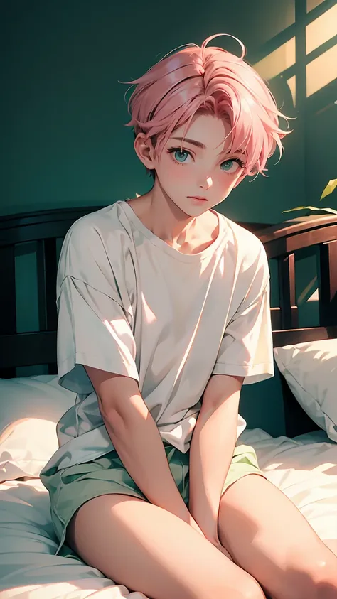 . shota (shota)
prompt: 8K、chico, handsome young man,15 years old with soft and delicate features, Subtle makeup,Glossy lips,( short pink hair with green locks ),turquoise eyes,dressed in a thin white shirt  ,  sitting on a bed with white sheets, soft and ...