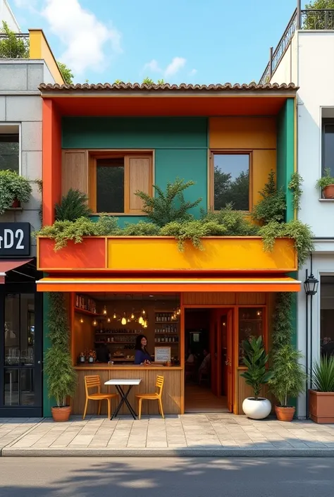 I want a picture of the facade of a small, healthy fast food restaurant in eye-catching and consistent colors