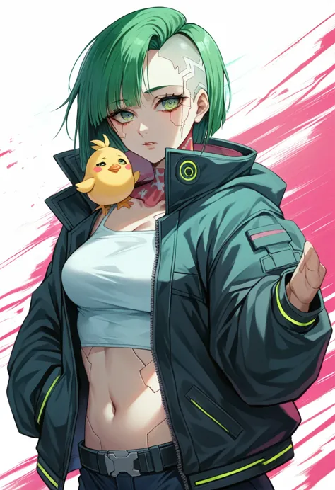 a woman with green eyes and a black jacket holding a gun, cyberpunk anime art, chica anime cyberpunk, best anime 4k konachan wal...