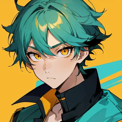 1 boy, turquoise hair, orange eyes, ((black, yellow uniform)), handsome, orange eye liner, high quality, high quality, face port...