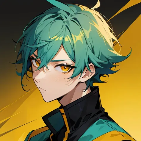 1 boy, turquoise hair, orange eyes, ((black, yellow uniform)), handsome, orange eye liner, high quality, high quality, face port...