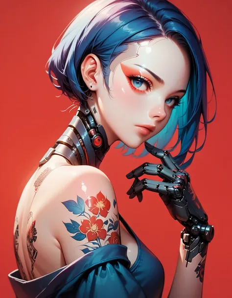 1 girl, alone, looking at the viewer, front look, Simple background, blue eyes, closed mouth, short blue hair, wearing a off shoulder top, mechanical arms, floral tattoos, katana on the back, intricate tattoos, Cyberpunk style, side view, Red background, e...