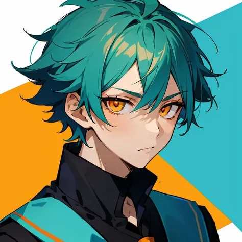 1 boy, turquoise hair, orange eyes, ((black school uniform)), handsome, orange eye liner, high quality, high quality, face portr...