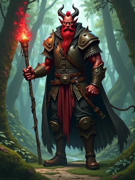 tiefling Warlock character from dungeons and dragons, red skin, contorted horns, yellow eyes, full body open shot in a forest, holding a magic staff, closed leather armor, red beard and mohawk, height 1.80, normal body, smiling amicably, has a leather back...