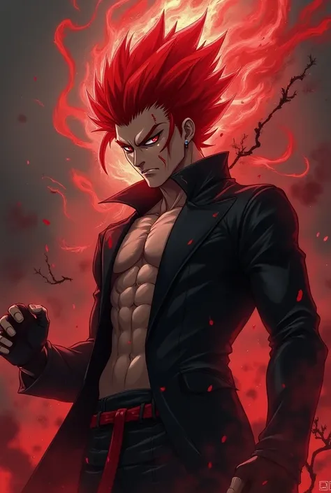 Anime buff dude villian with firey hair