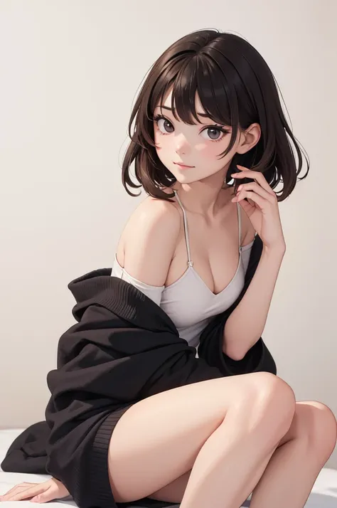 (((masterpiece, best quality, ultra highres, 1 girl, solo:1.5, no background))), super detailed skin and face and eyes and finger, beautiful japanese woman, flat breasts:1.5, skinny, light brown hair, (((very short pixie hair))), knee shot, white backgroun...