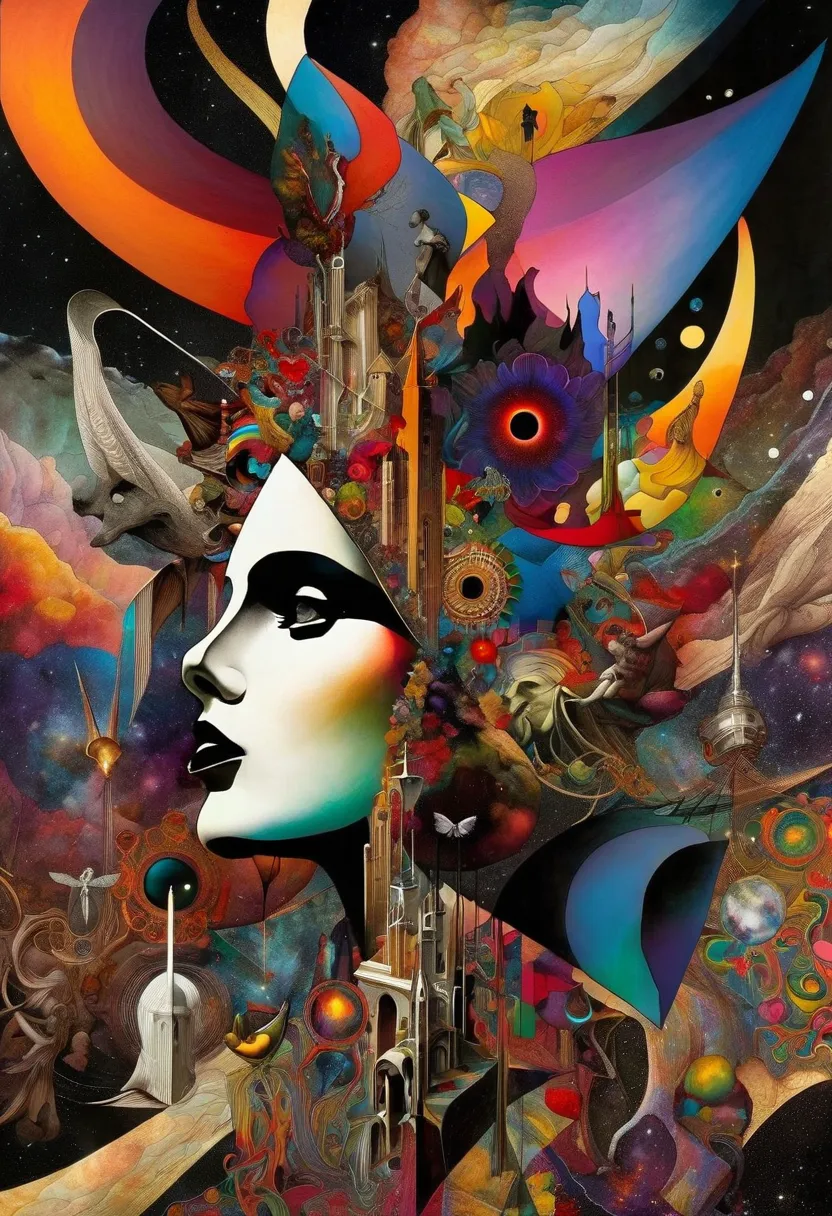 Create an abstract creative arts design using a collage technique inspired by the art of Moebius that reflects the dichotomy of materialism and idealism, sadism and masochism. Satanism elements of dark thoughts colliding  with whimsical color movments and ...