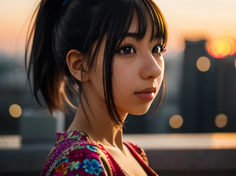 close-up photo of a girl's face in a colorful dress, black hair ponytail, city street at sunset, bokeh