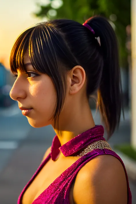 close-up photo of a girl's face in a colorful dress, black hair ponytail, city street at sunset, bokeh