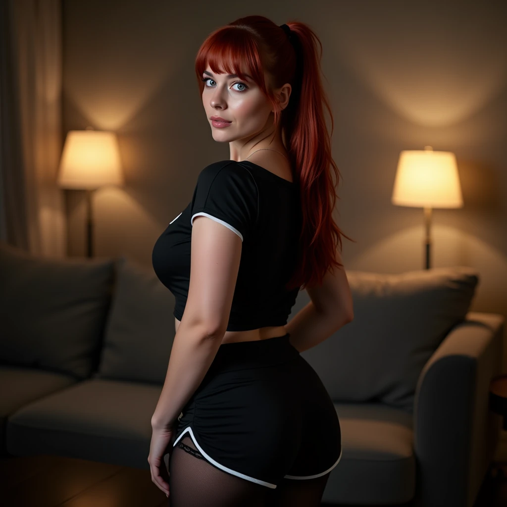 professionally color graded photograph. full body view. woman, mid 20s, German nationality. light blue eyes, tall, size 36D breasts. curvy. medium very dark blood red straight hair, ponytail , natrual face, no makeup,. short t-shirt with (black highwaist r...