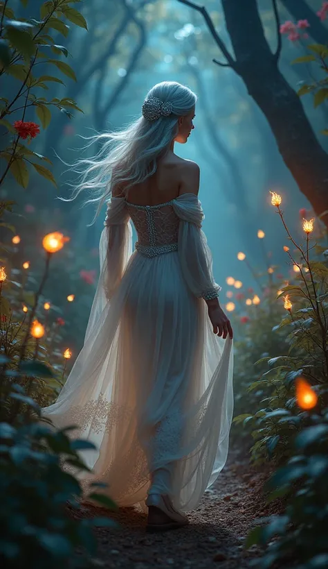 A graceful old woman was walking on a path in the middle of a dark forest that radiated a magical atmosphere, in the forest grew various kinds of plants and flowers that emitted colorful lights. The woman was wearing a dress with open shoulders, her dress ...