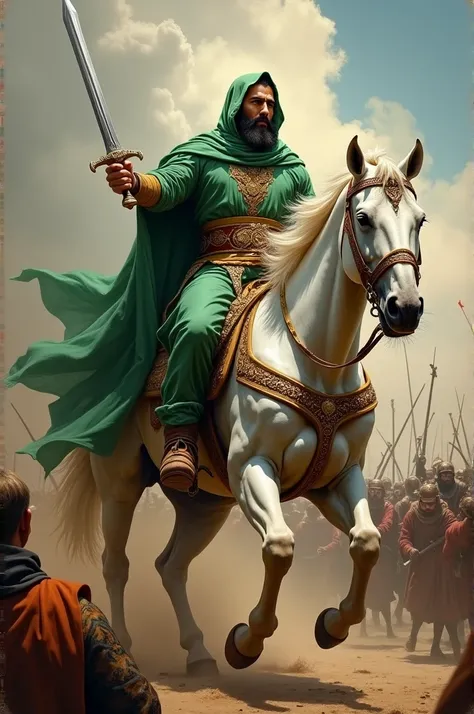 A picture of Imam Abbas wearing green clothes riding a white horse and fighting infidels with a sword