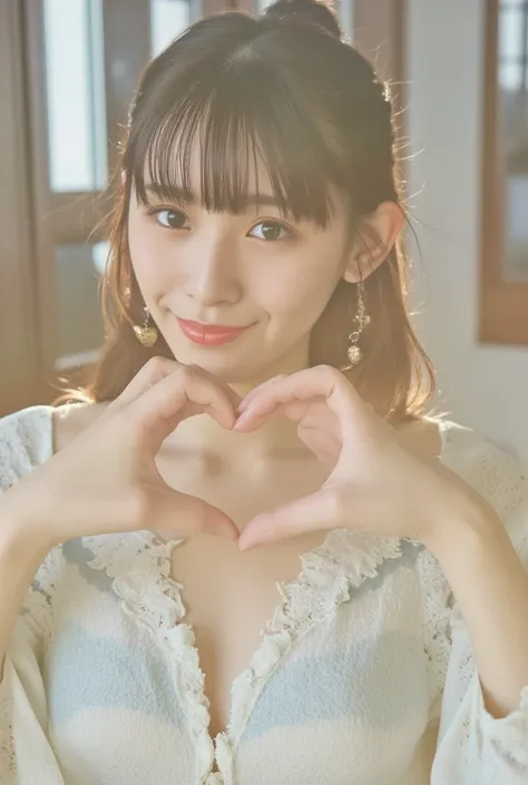 She is in a pose wearing a sexy camisole, making a firm big heart shape with both hands, and holding it in front of her chest, Cute smile up、Monotone background

