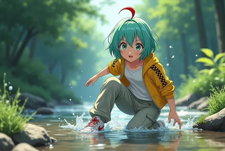  anime teenage girl falls into water from a log lying in water,  dripping wet clothes ,  light turquoise short hair with a red antenna hair, sun-tanned complexion , green eyes, startled,  yellow jacket with black checkered stripes on the sleeves ,  long we...