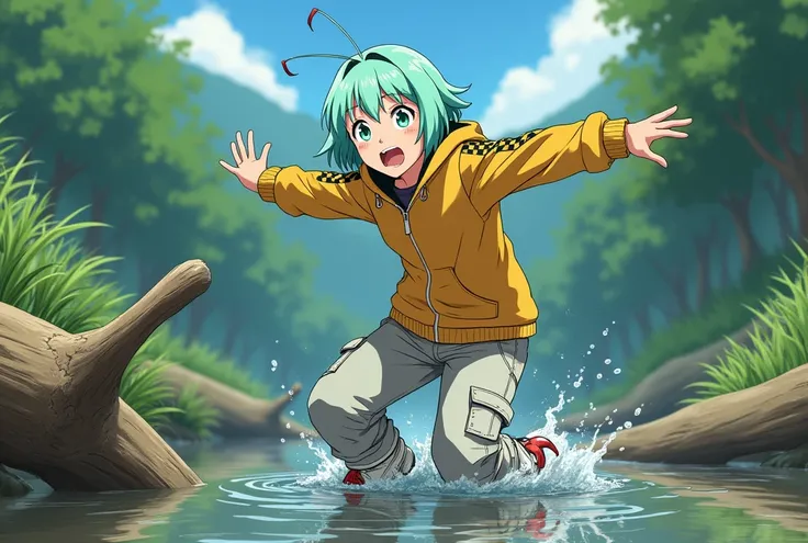  anime teenage girl falls into water from a log lying in water,  dripping wet clothes ,  light turquoise short hair with a red antenna hair, sun-tanned complexion , green eyes, startled,  yellow jacket with black checkered stripes on the sleeves , long wet...