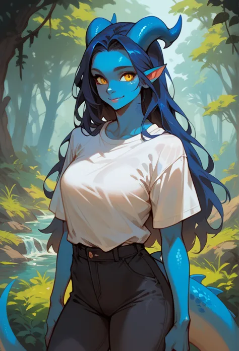 (cowboy shot) front facing, adult female kobold, with long dark blue hair, long hair, yellow eyes, blue scale skin, a small tail...