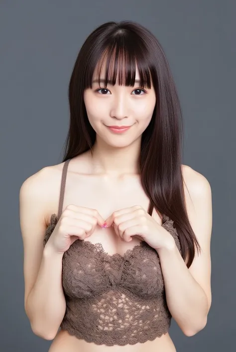 She is in a pose wearing a sexy camisole, making a firm big heart shape with both hands, and holding it in front of her chest, Cute smile up、Monotone background

