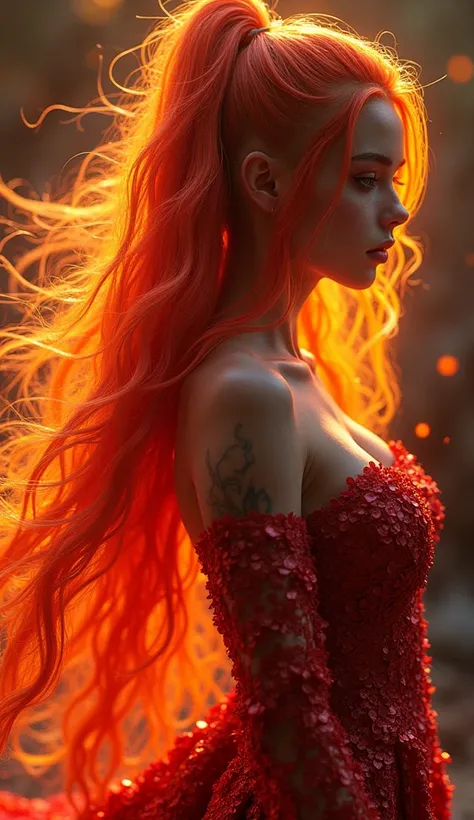 (masterpiece, Photorealistic:1.4, extremely intricate:1.3), (Mapping of photons, Radiosity, Physically based rendering, ultra resolution, hyper-realistic, 8K), (((shiny fire hair with rainbow locks, Exuberant, big oily shiny breasts, lifting butt,sensual p...