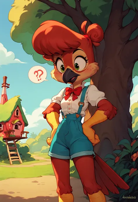 ootwstyle,  score_9, score_8_up, score_7_up, anthro, avian, winnie woodpecker, outdoors, treehouse background, hands on hips, co...