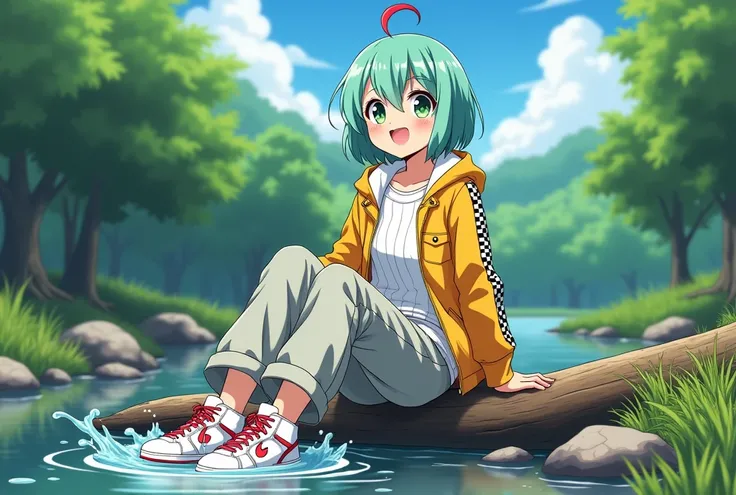  anime teenage girl sitting on a log lying in water ,  dripping wet pants ,  light turquoise short hair with a red antenna hair, sun-tanned complexion , green eyes,  fröhlich,  yellow jacket with black checkered stripes on the sleeves , white sweater,  lon...