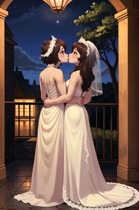 ( best quality,  high definition, masterpiece:1.2,),  -Figure , Night,  1 girl, Full body, (wedding dress), arm behind the back, waiting for a kiss ,  looks at the observer ,  happy, Blush,