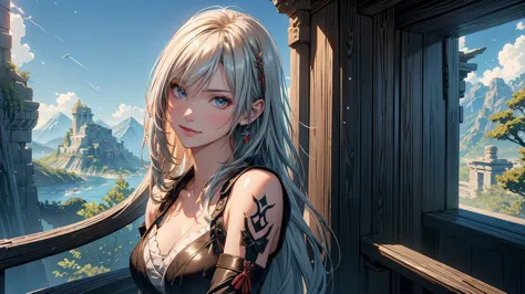 fantasy anime landscape portrait: a high-resolution anime-style scene featuring a beautiful 22-year-old female warrior, confiden...