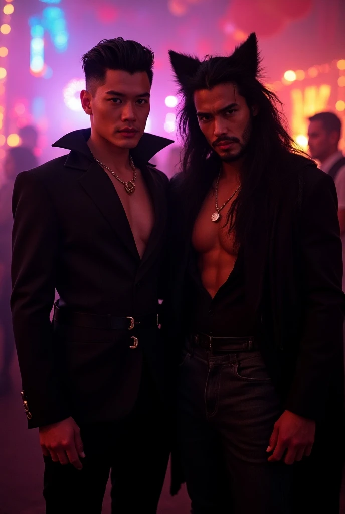 2men, a sexy Chinese man dressed as a vampire, a hunky Mexican man dressed as a werewolf, vivid lighting, vibrant party, Halloween Party, cinematic, high detail, 8k, (best quality, 4k, 8k, highres, masterpiece:1.2), ultra-detailed, (realistic, photorealist...