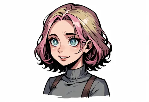 create a manga-style illustration of a young female character with a light smile. she has light skin and straight, blonde hair f...