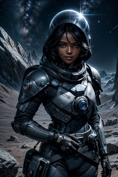 mariacalavera, dark skin, black hair, short hair, silver eyes, smile, space suit, belts, hood, cowboy shot, (dynamic pose), stan...