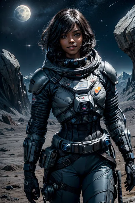 mariacalavera, dark skin, black hair, short hair, silver eyes, smile, space suit, belts, hood, cowboy shot, (dynamic pose), stan...