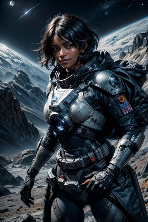 mariacalavera, dark skin, black hair, short hair, silver eyes, smile, space suit, belts, hood, cowboy shot, (dynamic pose), stan...