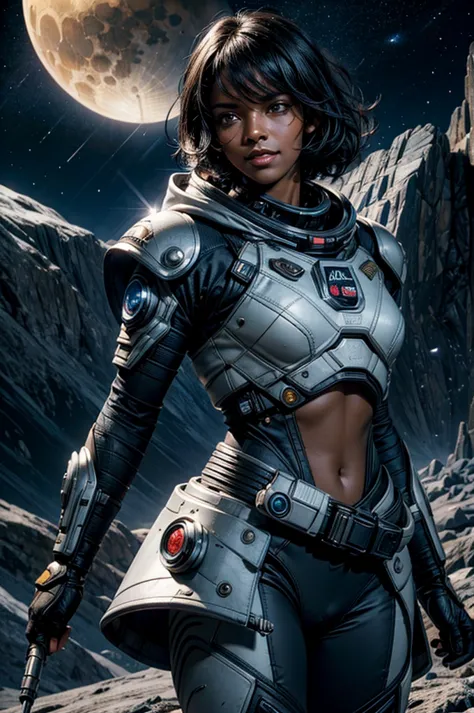 mariacalavera, dark skin, black hair, short hair, silver eyes, smile, space suit, belts, hood, cowboy shot, (dynamic pose), stan...