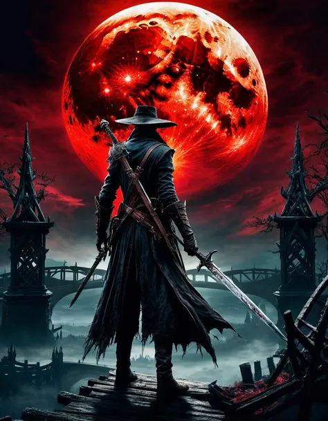 a bloodborne like hunter,  holding a sword  ,  background（cyanosis）、bridge、huge red moon in the sky、cosmic world、 dark fantasy a...