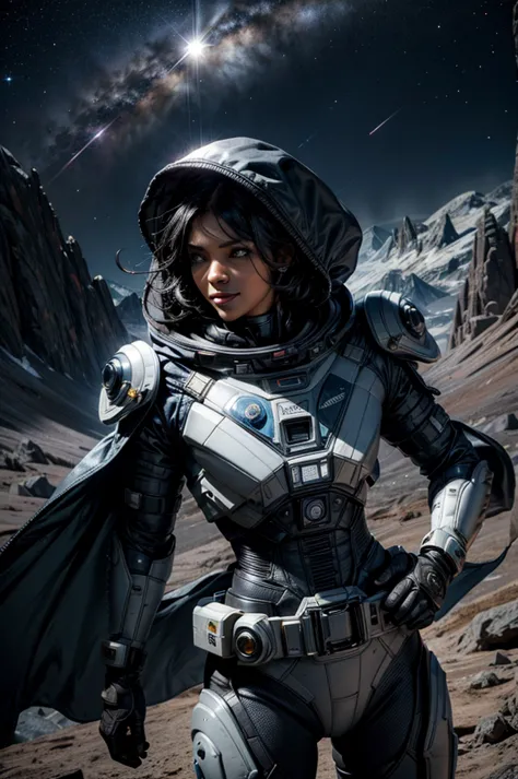 mariacalavera, dark skin, black hair, short hair, silver eyes, smile, space suit, belts, hood, cowboy shot, (dynamic pose), stan...