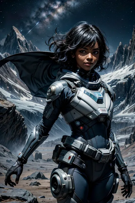 mariacalavera, dark skin, black hair, short hair, silver eyes, smile, space suit, belts, hood, cowboy shot, (dynamic pose), stan...