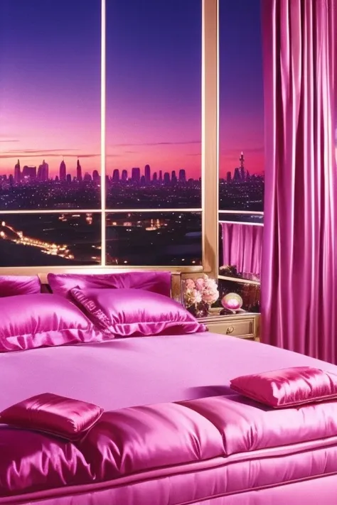 dreamy, luxurious bedroom with satin furniture at twilight with a view overlooking a distant city. gradient of purples and pinks...