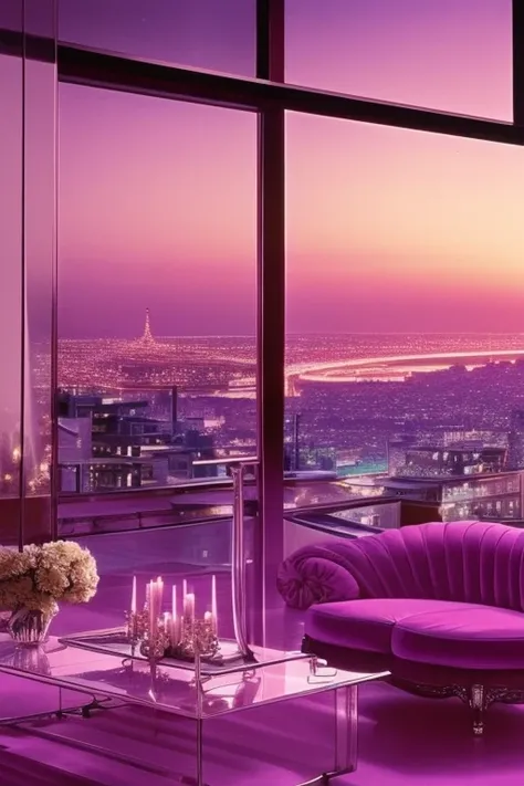 dreamy, luxurious living room with satin furniture at twilight with a view overlooking a distant city. gradient of purples and pinks sky, enhancing the magical, serene atmosphere. 1980 retro film still