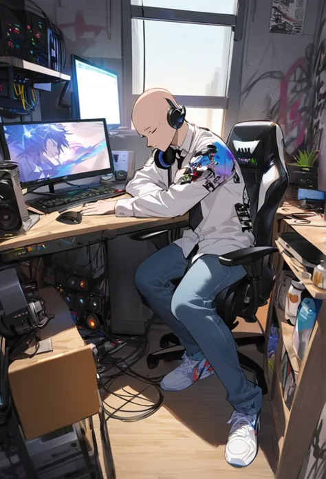 boy, bald, small neck,  white shirt collar , black tie,  jeans, shirt off the pants , grafitti jacket, white sneakers, standing,...