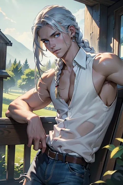 ((masterpiece)), (((best quality))), solo, 1 male, pale white skin, (long platinum blonde hair), (((straight hair))), side part, (((single braid))), very handsome young man, beautiful face, tall, fit, blue eyes, realistic clothing, tank top, ((unbuttoned f...