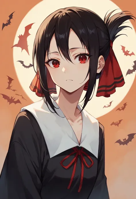 shinomiya kaguya, shinomiya kaguya,  black hair , red eyes,  short hair , folded ponytail, hair ribbon, red ribbon,
 black hair ...