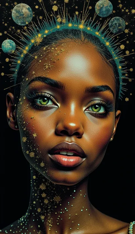  Breathtaking surreal structured mixed media art ， exquisite embroidered supermodel images ， by Luzia Caldari 、 Alcohol ink double exposure illustration 。On a black background， This charming piece of art depicts a moving portrait of an African woman， showi...