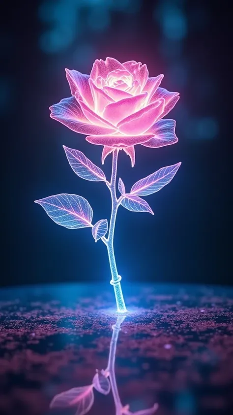 Holographic projection installation featuring a rose with an ethereal, shimmering form that seems to transcend the physical realm. The pulsing, otherworldly illumination and iridescent, shifting hues create a mystical and transcendent mood, inviting the vi...