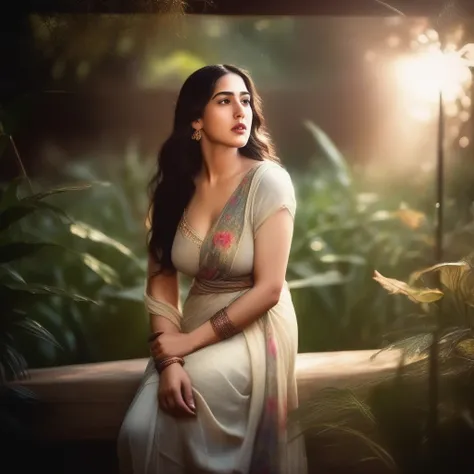 (SaraAliKhan) art by John William Waterhouse, photograph, 1940S Abhorrent Woman, background is Rickety The Garden of Eden, Bokeh, Illustration, Hopeless, Libertywave, back-light, film grain, Fujifilm XT3, 80mm, moody, sunbeam, beautiful naked body, moaning...