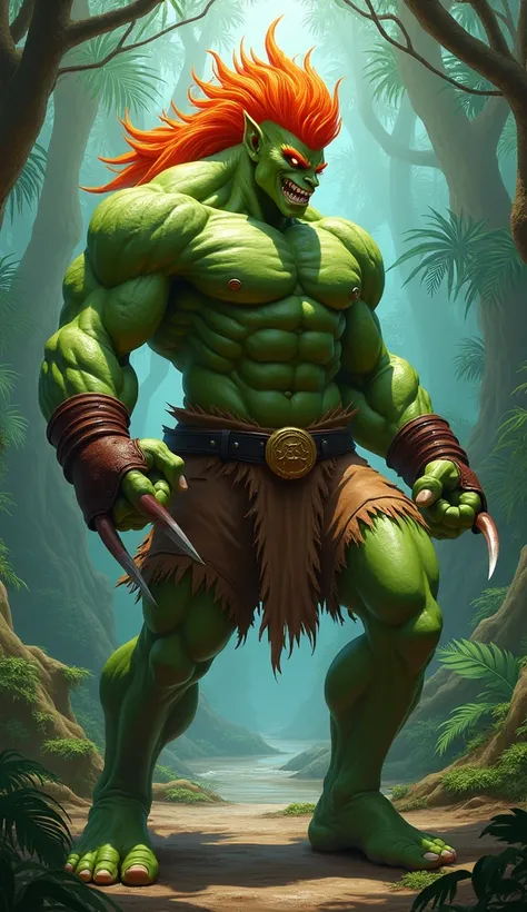 “Blanka de Street Fighter, avec un corps musclé et une peau verte vive recouverte de légères textures animales, rappelant une créature sauvage, mais avec un style moderne. Il a des cheveux orange flamboyant, hérissés vers le haut, et des yeux intenses. Ses...