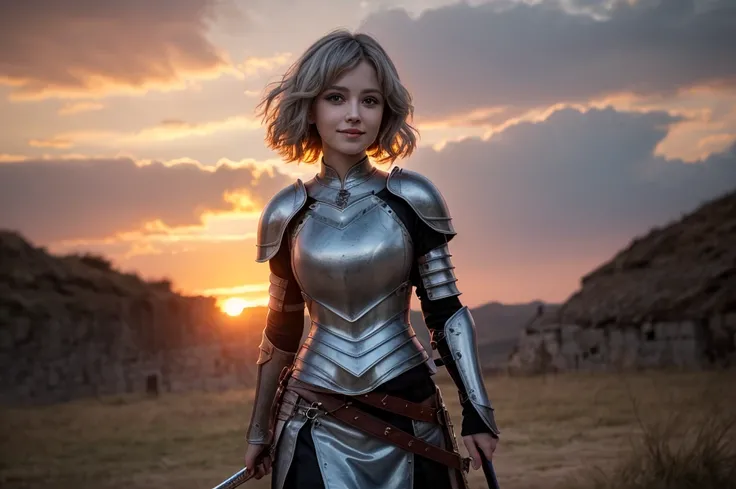 
((masterpiece)), ((best quality)), (ultra-detailed), ((kawaii)), cute, (lovely), ((extremely detailed)), 4K, (8K), best quality, (beautiful), illustration, brave female, warrior in medieval armor, standing on a battlefield, a sword in hand and a shield by...