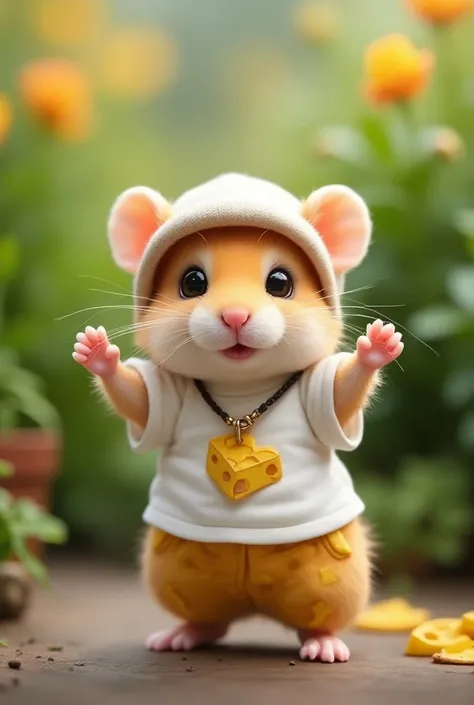      cute little hamster baby is wearing a white t-shirt with a cute picture of cheese、     raise your arms  , Standing on hind legs ,   staring intently with pretty eyes   .    cute clothes with sophisticated decorations   . House garden、direct, Long clot...